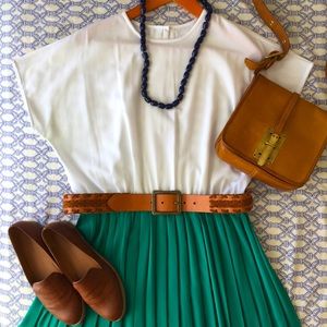 Vintage Long Dress with Pleats, Size 14, Green